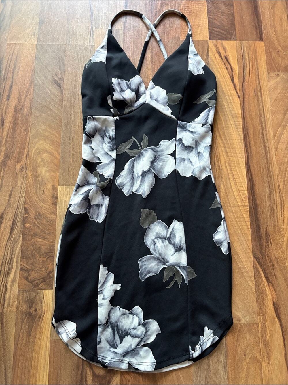 Privy Black Floral V-Neck Slip Dress with Spaghetti Straps Size S